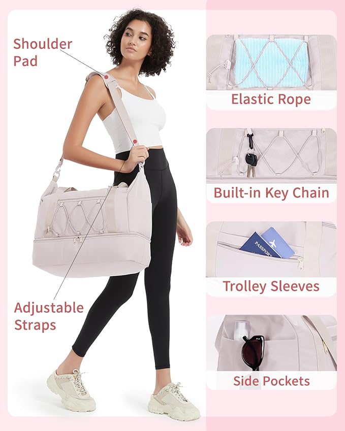 sportsnew Gym Travel Bag for Women, Large Travel Duffel with Shoe Compartment and Wet Pocket, Water Resistant Weekender Overnight Carry on Sports Tote Bags, Beige,Patent Pending