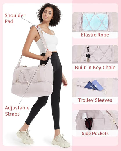 sportsnew Gym Travel Bag for Women, Large Travel Duffel with Shoe Compartment and Wet Pocket, Water Resistant Weekender Overnight Carry on Sports Tote Bags, Beige,Patent Pending