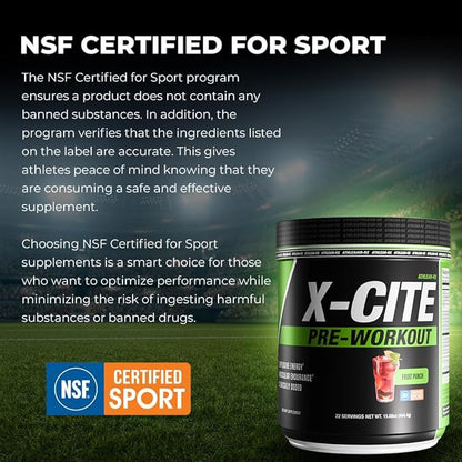 X-CITE Pre-Workout by ATHLEAN-X - Enhanced Formula with Beta-Alanine, Creatine & Caffeine for Ultimate Energy, Endurance, Focus & Muscle Pump, NSF Certified for Sports (22 Servings, Fruit Punch)