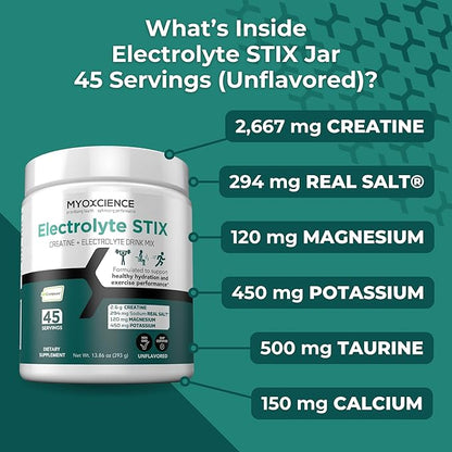 MYOXCIENCE Electrolyte STIX | Creatine Electrolyte Powder | Recovery from Exercise & Muscle Development w/Real Salt (Unflavored) (Jar 45 ct)
