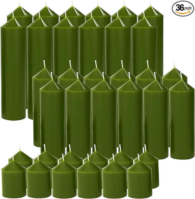 36 Pcs Green Pillar Candles Bulk Set，Hurricane Candlesï¼? Different Lengths (12 Each)，Dripless Unscented Smokeless，Gives You a Better Atmosphere When Organizing Wedding or Event Party.