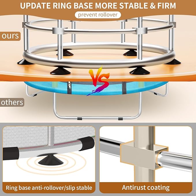 Trampoline for Kids, Adjustable Baby Toddler Trampoline with Basketball Hoop, Round Bottom Indoor Outdoor Toddler with Enclosure