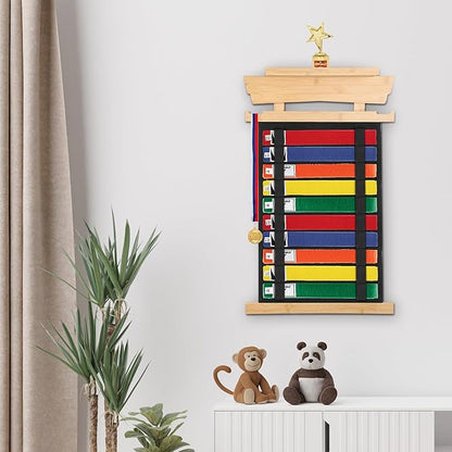JUXYES Wall Hanging Martial Arts Belts Organizer with Trophy and Medal Display Rack, Bamboo Karate Belt Display Holder Rack, Wall Mounted Taekwondo Belt Display Holder for Martial Arts Learners