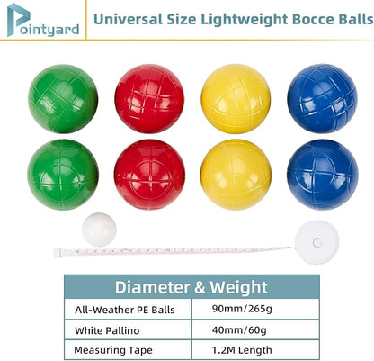 Pointyard 90mm Bocce Ball Set with 8 PE Balls, 1 Pallino, Carrying Bag, Measuring Tape - Family Game for Outdoor/Lawn/Beach/Park