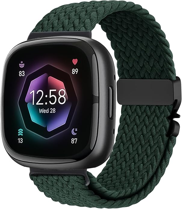 Braided Stretchy Band for Fitbit Versa 4/Versa 3/Sense 2/Sense Watch Band Women Men,Parachute-style Buckle Nylon Sport Wristband Soft Fabric Elastic Loop Strap Accessories for Versa 4/3