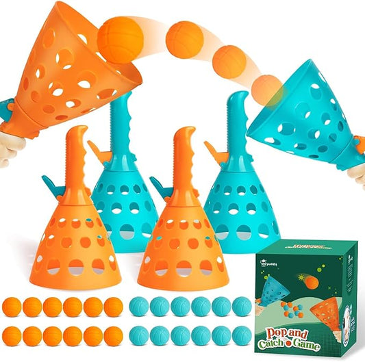 punkdog Pop and Catch Ball Game with 24 Balls and 4 Catch Launcher Baskets - Outdoor Indoor Game