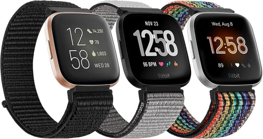 Tiptops 3 Pack Bands Compatible with Fitbit Versa 2/Fitbit Versa/Versa Lite/Versa SE for Women Men, Soft Nylon Sports Loop Replacement Wristband for Fitbit Versa 2 Straps