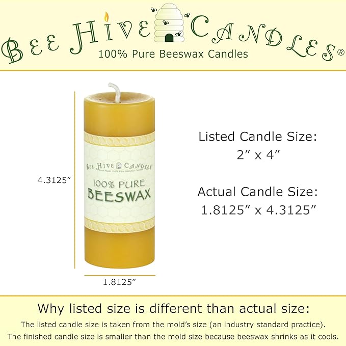 100% Pure Beeswax Pillar Candle (2" x 4") | Natural Beeswax Candles | Soy, Paraffin & Fragrance Free | Handmade in The USA