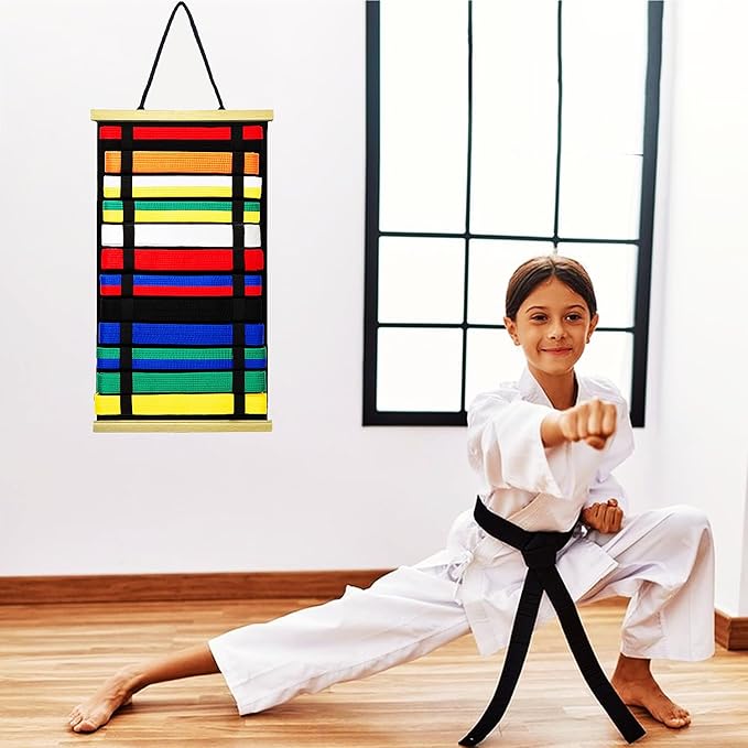 12Belts Karate Belt Display Rack with Wooden Frame,Felt Taekwondo Belt Display,Martial Art Belt Display Holder for Martial Art Learner,Easy to Use（Fashion）