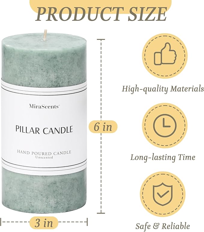 3x6 inch Green Pillar Candles Set of 3, Unscented Pillar Candle, Dripless and Smokeless Large Candles, Candle for Home Decor, Dinner Table,Weddings, Holidays