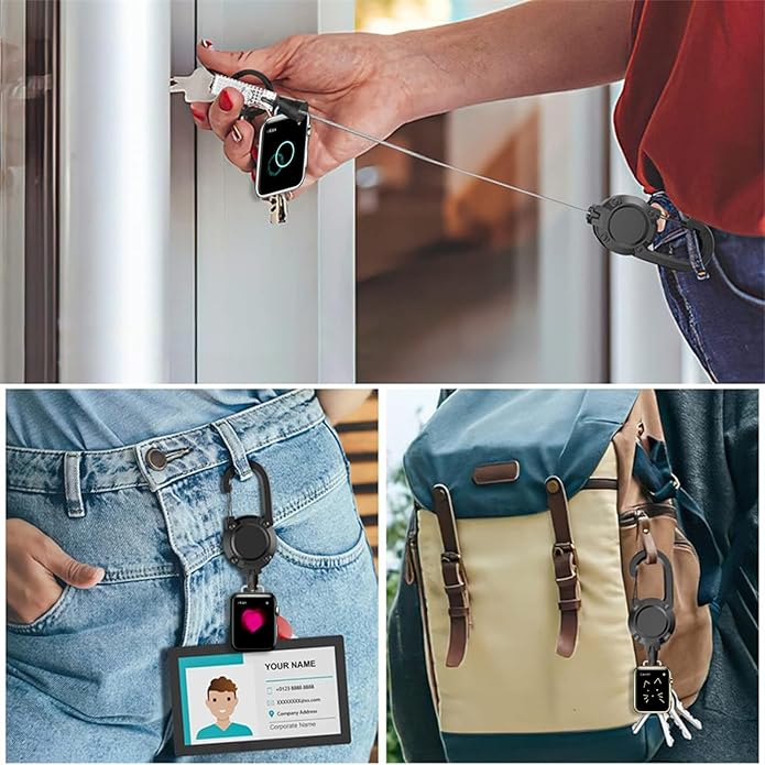 Badge Holder Retractable Clip Compatible with Apple Watch Band Series 10, Ultra 2, SE, 8 7 6 5 4 3 2 1 38mm 40mm 41mm 42mm 44mm 45mm 49mm, Stretchable Badge Reel Clip for iwatch Series 9