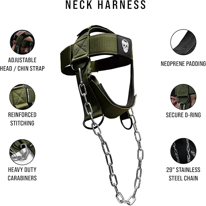 Gymreapers Neck Harness Weight Lifting - Neck Trainer Workout Equipment - Heavy Duty Stainless Steel Chain, Adjustable Neoprene Head Strap, Exercise Equipment for Strength & Pain Relief