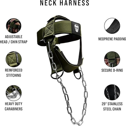 Gymreapers Neck Harness Weight Lifting - Neck Trainer Workout Equipment - Heavy Duty Stainless Steel Chain, Adjustable Neoprene Head Strap, Exercise Equipment for Strength & Pain Relief