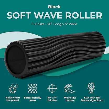Oceanfoam Soft Tidal Roller (Black) - Low Density Foam Roller for Physical Therapy, Back Pain, Excercise & Stretching - Wave Textured - Yoga, Athletics, & Wellness - Full Size, 20" x 5"