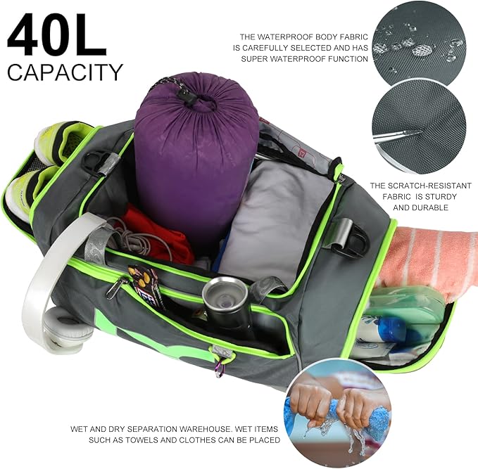 Sports Gym Bag，INOXTO Travel Duffel Bag with Dry Wet Pocket And Shoe CompartmentFor Women and Men，40L/55L Fitness Waterproof Weekender Bag For Swim Sports Travel Working Out (Gray green, 40L)