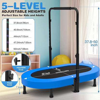 ANCHEER 56'' Foldable Mini Trampoline with Adjustable Handle - Indoor/Outdoor Rebounder for Kids & Toddlers Safe Oval Fitness Trampoline with Bar for Home Fun
