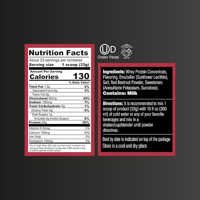 Strawberry Whey Protein Powder. Post Workout Recovery Drink, Gluten & Sugar Free, Highly Kosher, 25g Protein. Essential Amino Acids - 5.5g BCAA, 2.7g Leucine, 1.4g Isoleucine, 1.4g Valine 26.4 Ounce