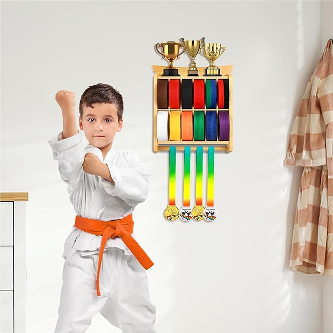 Tilhumt 12 Belts Karate Belt Display Rack with Trophy and Medal Display Rack, Taekwondo Belt Display Rack with Stickers, Martial Arts Belt Display for Kids and Adults