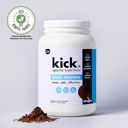 Kick Whey Protein Powder, Chocolate Flavor, 25 G Protein Gluten Free Workout Supplement with Amino Acids to Support Fitness Goals & Gut Health, No Added Sugar, No Artificial Flavor, 16 Servings