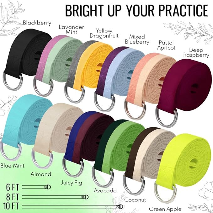 TECEUM Yoga Strap & Mat Strap – 2 IN 1 – Cotton – 6 ft 8 ft 10 ft (30+ colors) – Adjustable Non-Slip Belt for Yoga, Pilates, Stretching, Physical Therapy, Fitness & Home Workout – For Carrying Mats