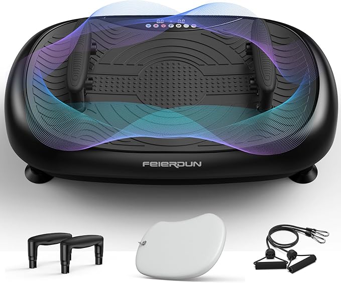 FEIERDUN Assisted Version 2 in 1 Vibration Plate, Whole Body Vibration Plate Exercise Machine for Lymphatic Drainage, with Inflatable Cushion, Push-up Handles, 2 Resistance Bands for Healthy