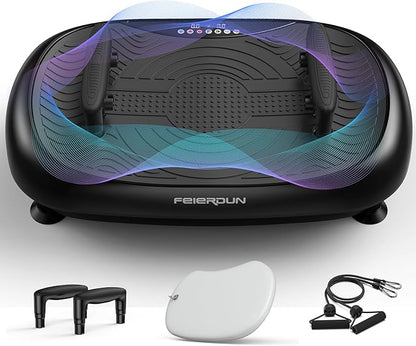 FEIERDUN Assisted Version 2 in 1 Vibration Plate, Whole Body Vibration Plate Exercise Machine for Lymphatic Drainage, with Inflatable Cushion, Push-up Handles, 2 Resistance Bands for Healthy