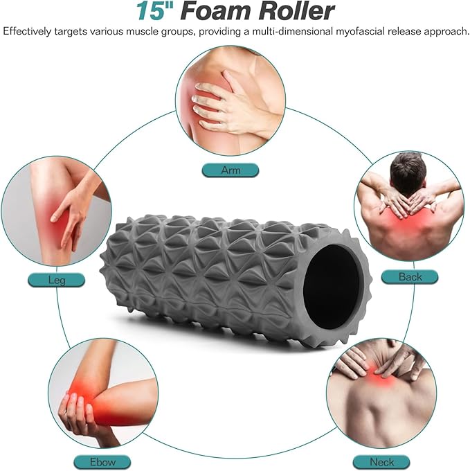 5 in 1 Foam Roller Set - Trigger Point Foam Back Roller, Muscle Roller Stick, Massage Ball, Stretching Band for Deep Muscle Massage Pilates Yoga,Fitness Exercise for Whole Body Release