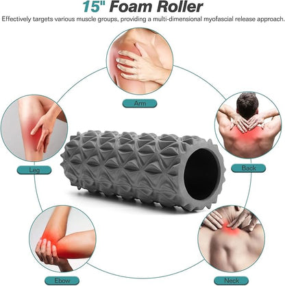 5 in 1 Foam Roller Set - Trigger Point Foam Back Roller, Muscle Roller Stick, Massage Ball, Stretching Band for Deep Muscle Massage Pilates Yoga,Fitness Exercise for Whole Body Release