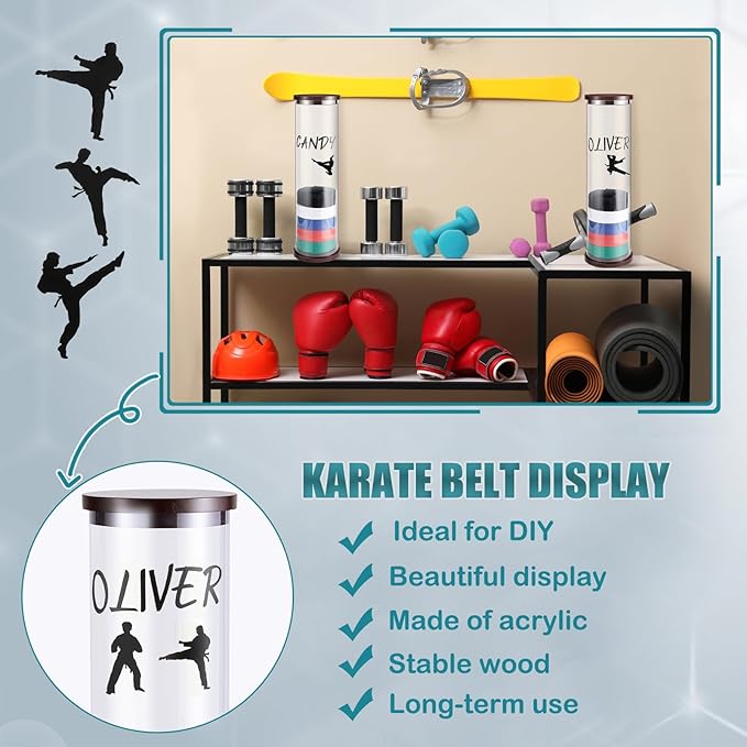 Tatuo 20 Belts Acrylic Karate Belt Display Rack with 6 Sheets Stickers Martial Arts Belt Display Holder Taekwondo Belt Display for Adults Karate Belt Holder Gifts Cylinder Belt Display