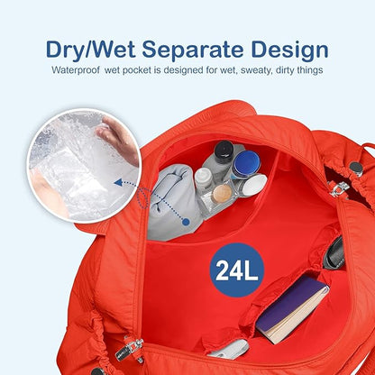 TOPDesign Travel Duffel Bag for Women, Puffer Gym Bag Sports Tote with Wet Pocket, Carry On Weekender with Luggage Sleeve (Red Orange)