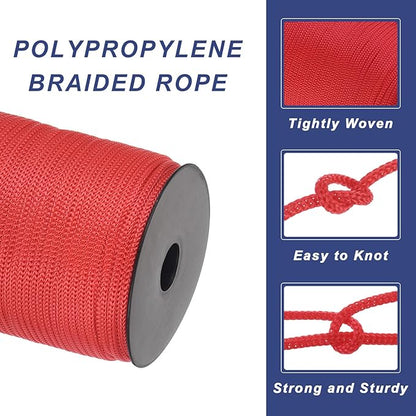 MECCANIXITY 5/32 Inch Polypropylene Rope Braided Ropes, 328ft Camping Rope Hollow Utility Cord for Clothesline, Hiking, Outdoor, Red