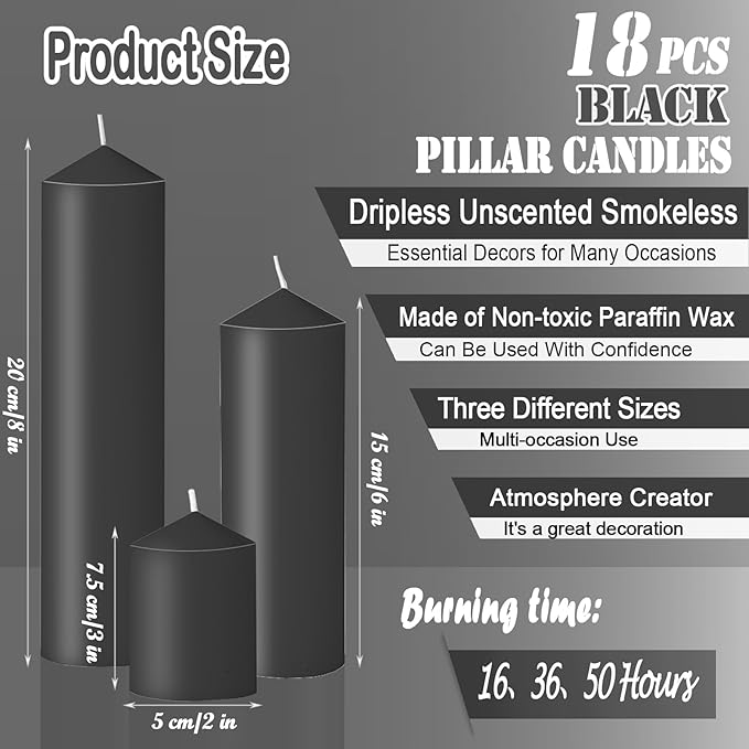 18 Pcs Black Pillar Candles Bulk Set，Hurricane Candlesï¼? Different Lengths (6 Each)，Dripless Unscented Smokeless，Gives You a Better Atmosphere When Organizing Wedding or Event Party.