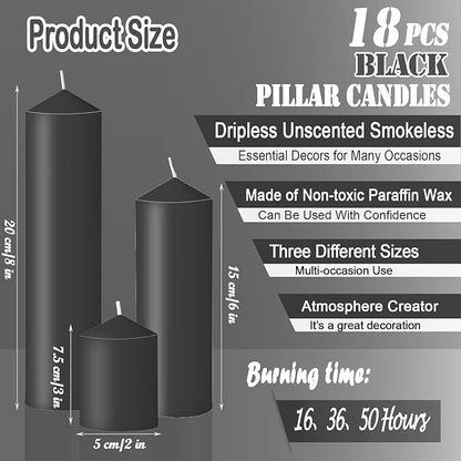 18 Pcs Black Pillar Candles Bulk Set，Hurricane Candlesï¼? Different Lengths (6 Each)，Dripless Unscented Smokeless，Gives You a Better Atmosphere When Organizing Wedding or Event Party.