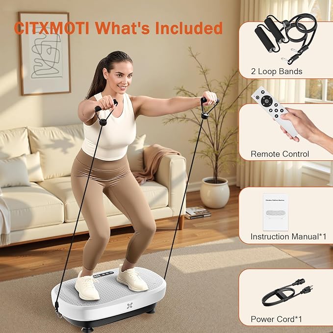 Vibration Plate Exercise Machine, Vibration Plate Platform with Bluetooth & Resistance Bands, Curved Design Full Body Workout Vibration Plate for Weight Loss, Muscle Recovery, Home