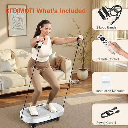 Vibration Plate Exercise Machine, Vibration Plate Platform with Bluetooth & Resistance Bands, Curved Design Full Body Workout Vibration Plate for Weight Loss, Muscle Recovery, Home
