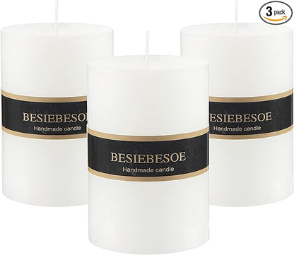 3×4 White Pillar Candles Set of 3 Unscented Handpoured Weddings, Home Decoration, Restaurants, Spa, Church Smokeless Cotton Wick