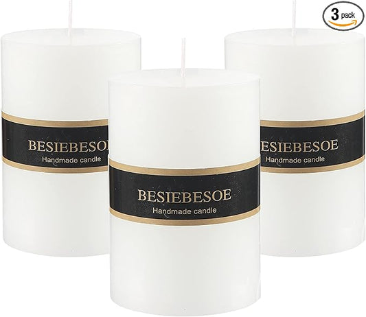 3×4 White Pillar Candles Set of 3 Unscented Handpoured Weddings, Home Decoration, Restaurants, Spa, Church Smokeless Cotton Wick