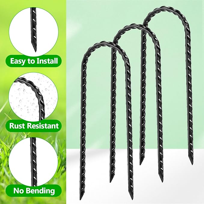 12 Pack Trampoline Stakes, 12 Inches Trampoline Wind Stakes, Heavy Duty Ground Anchors, U Shaped Rebar Ground Stake with T Hook for Security Swing Set Camping Soccer Goals(Black)