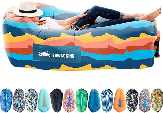 Chillbo Shwaggins Inflatable Couch – No-Pump Setup, Ripstop Polyester, Stability Pegs, Fun Prints