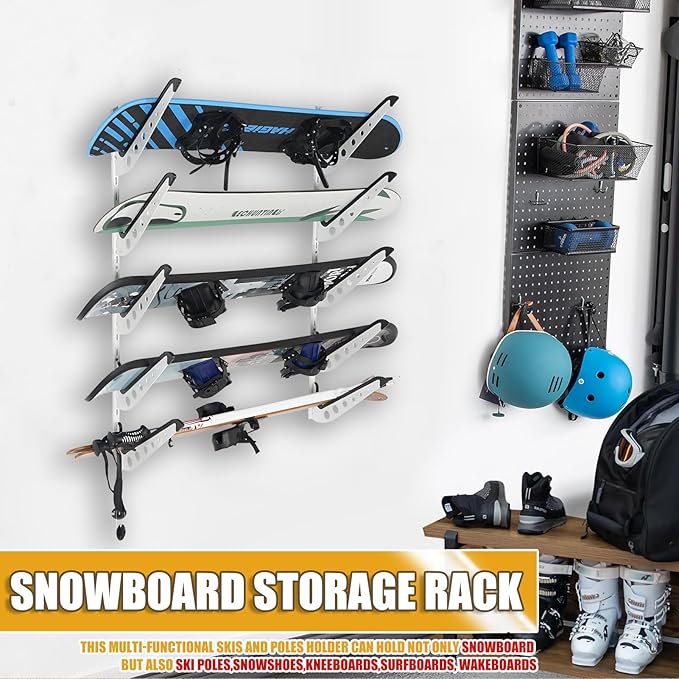 5 Board Snowboard Wall Racks, Adjustable Storage Rack for Ski, Surfboard, Wakeboard, Snowboard Wall Mount Display, White