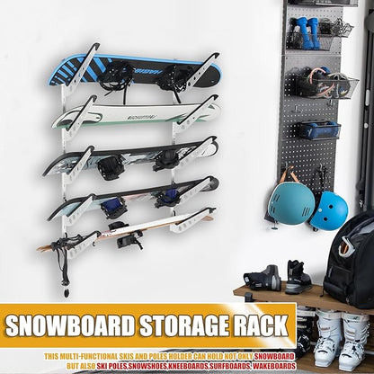 5 Board Snowboard Wall Racks, Adjustable Storage Rack for Ski, Surfboard, Wakeboard, Snowboard Wall Mount Display, White