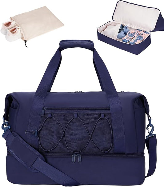 sportsnew Gym Travel Bag for Women, Large Travel Duffel with Shoe Compartment and Wet Pocket, Water Resistant Weekender Overnight Carry on Sports Tote Bags, Navy Blue, patent pending