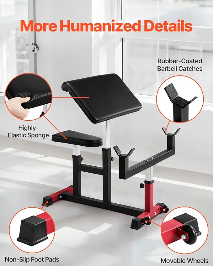 VEVOR Preacher Curl Bench, Strength Training Biceps Machine, Max load 440 LBS Home Gym Equipment, Seated Arm Isolated Barbell Dumbbell Bicep Station, Adjustable Weight Benches for Home Gym