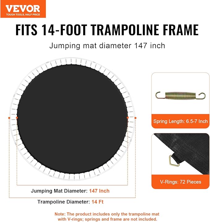 VEVOR Replacement Trampoline Mat, Universal Jumping Round Trampoline, Reinforce UV-Resistant Mat with Spring Tool & Durable V-Rings