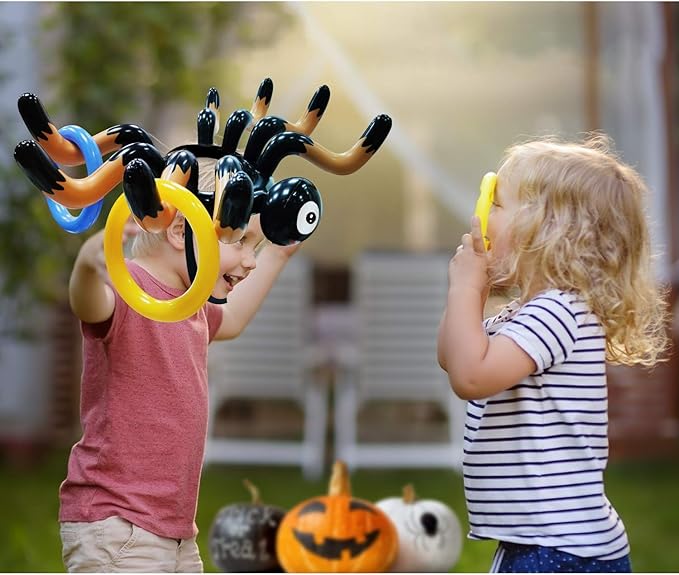15 Pcs Inflatable Spider Ring Toss Game for Kids Halloween Inflatable Toss Game Party Toys Halloween Games School Carnival Party Supplies Indoor Outdoor Game for Kids Family (3 Spider, 12 Rings)