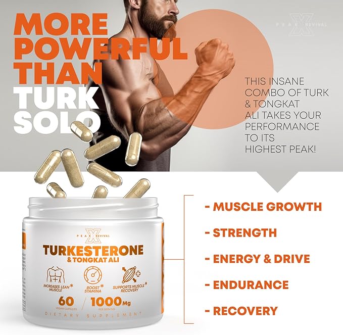 Turkesterone & Tongkat Ali 1000mg Supplement - 500mg Ajuga Turkestanica Per Serving Increase Stamina, Lean Muscle Growth & Recovery - Made in The USA (60 Capsules)