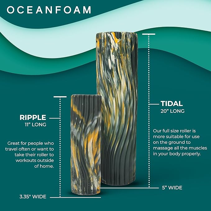 Oceanfoam Tidal Roller - Hunter, Gold & Natural Marbled - Muscle Massage Foam Roller for Back Pain & Stretching - Firm & Ergonomic Wide Wave Textured - Yoga, Athletics, Wellness - Full Size, 20" x 5"