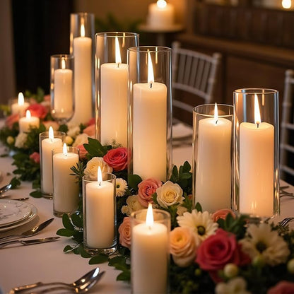 24 PCS Ivory White Pillar Candles with Glass Candle Holders Clear Hurricane Candle Holders Glass Cylinder Vases for Centerpieces Wedding Party, Event, Home Office (12 Candles+12 Candle Hoders)