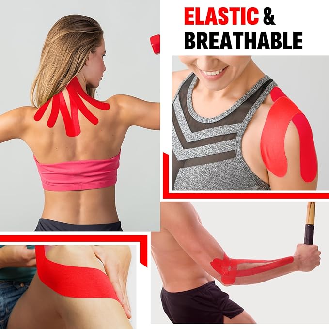 60PCS Precut Kinesiology Tape Strips, 2 inch x 10 inch Athletic Tape, Kinetic Tape, Elastic Muscle Tape, Sports Tape, Knee Tape for Exercise and Daily Use - Red