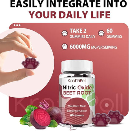 Beet Root Gummies 6000mg ??Nitric Oxide Booster with Grape Seed, Pomegranate, Vitamins C & B12 ??Nitric Oxide Supplements for Men ??Mixed Berry Flavor ??60 Gummies